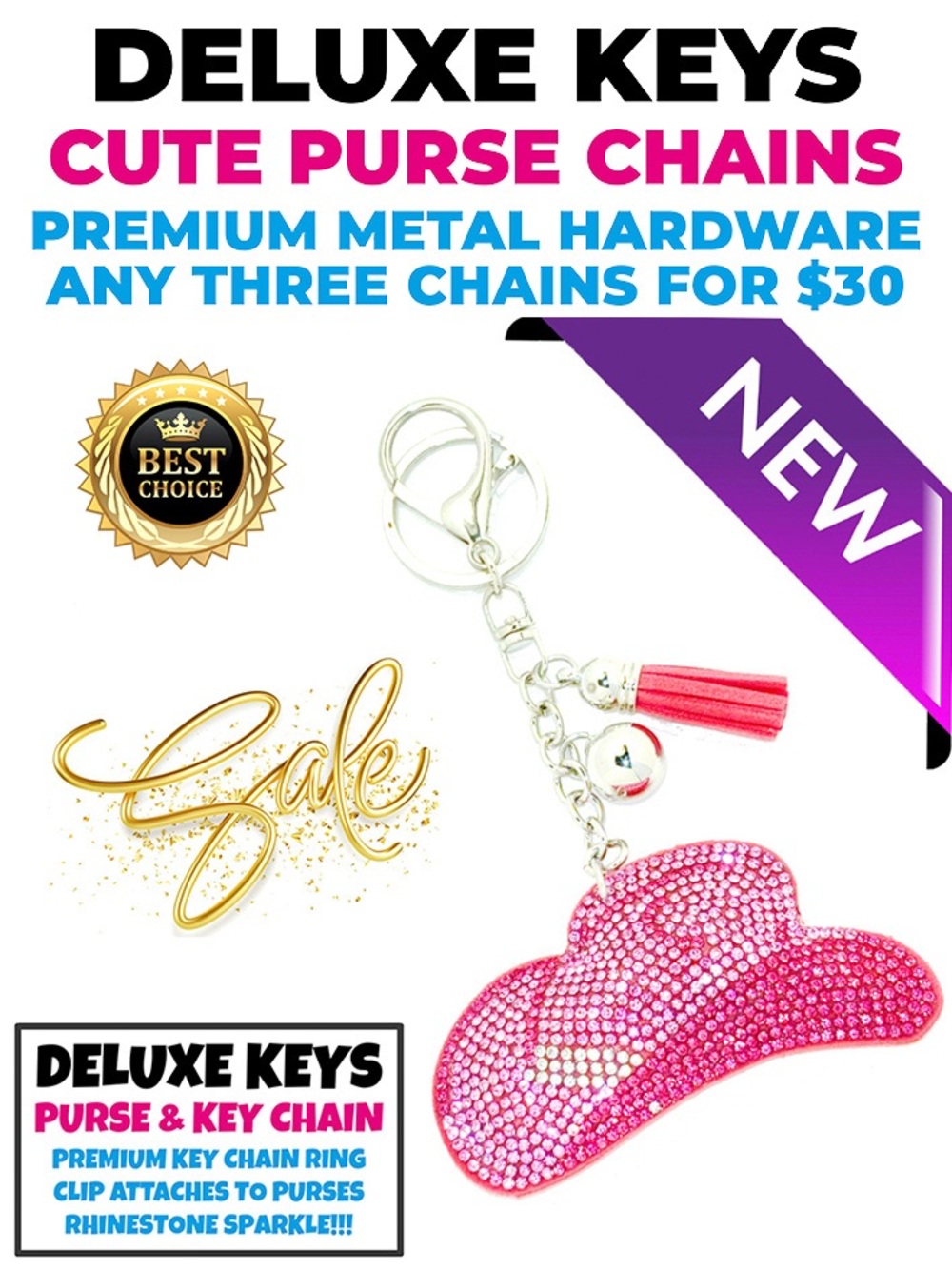 DeLuxe Keys Rhinestone Keychain/Purse Chain PINK COWBOY HAT